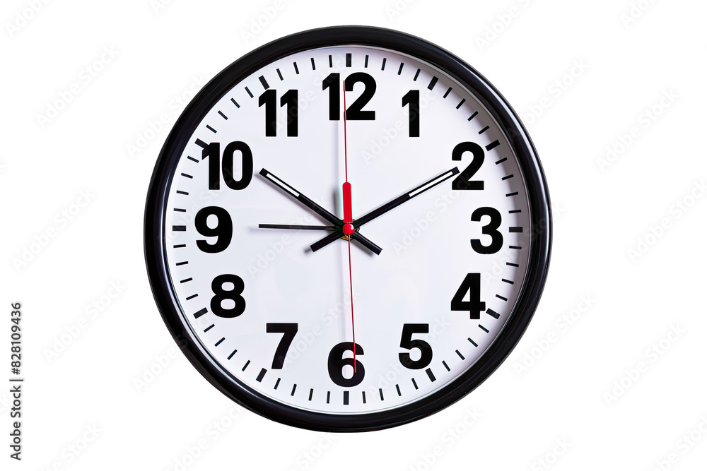 Black-framed wall clock with white face displaying time between 10:08 and 2:08, isolated on white background. Black-framed wall clock with white face displaying time between 10:08 and 2:08, isolated on white background.
