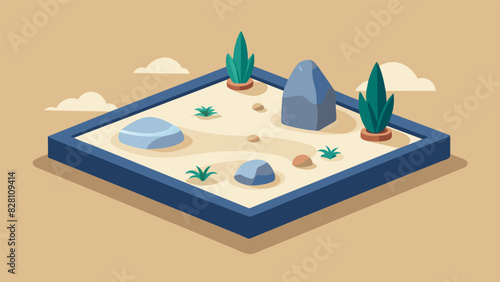 A zen garden complete with sand rocks and miniature plants creating a peaceful and meditative space for employees to unwind and clear their minds.. Vector illustration