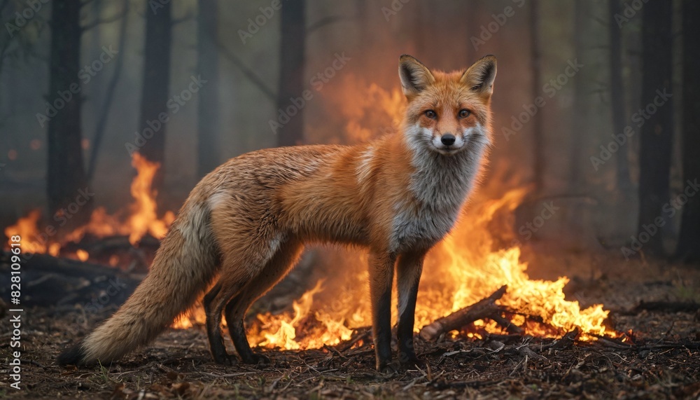 Fototapeta premium A red fox is trapped in a fire of a burning forest. The red fox is looking for a way out.