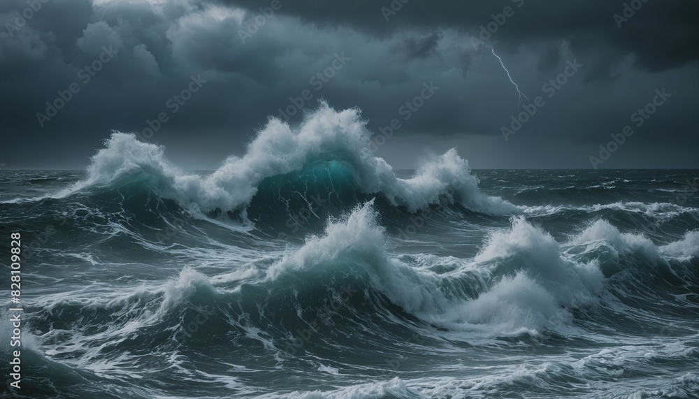 A sea during a storm. Large waves rush up, scattering shreds of foam.