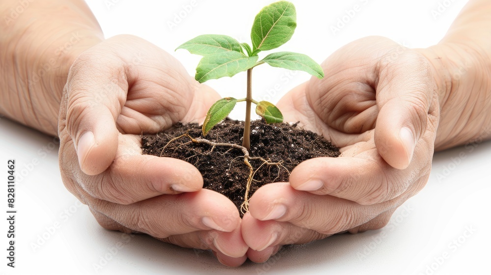 A close-up of a young seedling sprouting from rich, dark soil, with dewdrops glistening on its leaves against a clear white background A close-up of a young seedling sprouting from rich, dark soil, with dewdrops glistening on its leaves against a clear white background