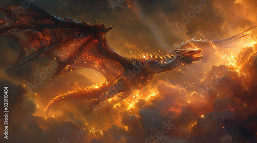 illustration of a mythical creature known as a wyvern with the body of a serpent the wings of a bat and the fiery breath of a dragon soaring through the skies in search of prey and adventure photo