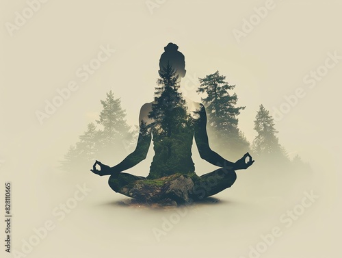 A silhouette of a yoga pose with a double exposure of a tranquil forest