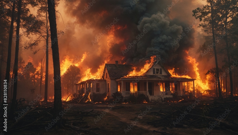 An ordinary house on fire. The fire spreads into the building and its exterior. Large plumes of smoke and flames are visible.