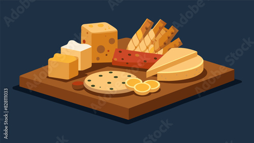 A rustic wooden board adorned with an assortment of crackers breadsticks and an array of soft and hard cheeses.. Vector illustration