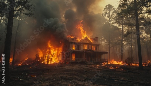 An ordinary house on fire. The fire spreads into the building and its exterior. Large plumes of smoke and flames are visible.