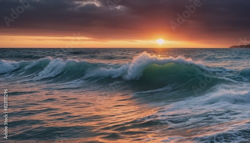 Beautiful sunrise at sea. Large waves shimmer with many colors of yellow-orange sunrise.