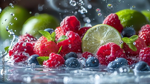 a zesty lime-berry juice splash on a solid white background