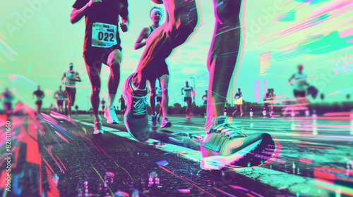 Synthwave effect macro portrait of a professional runner shoes running on a race photo