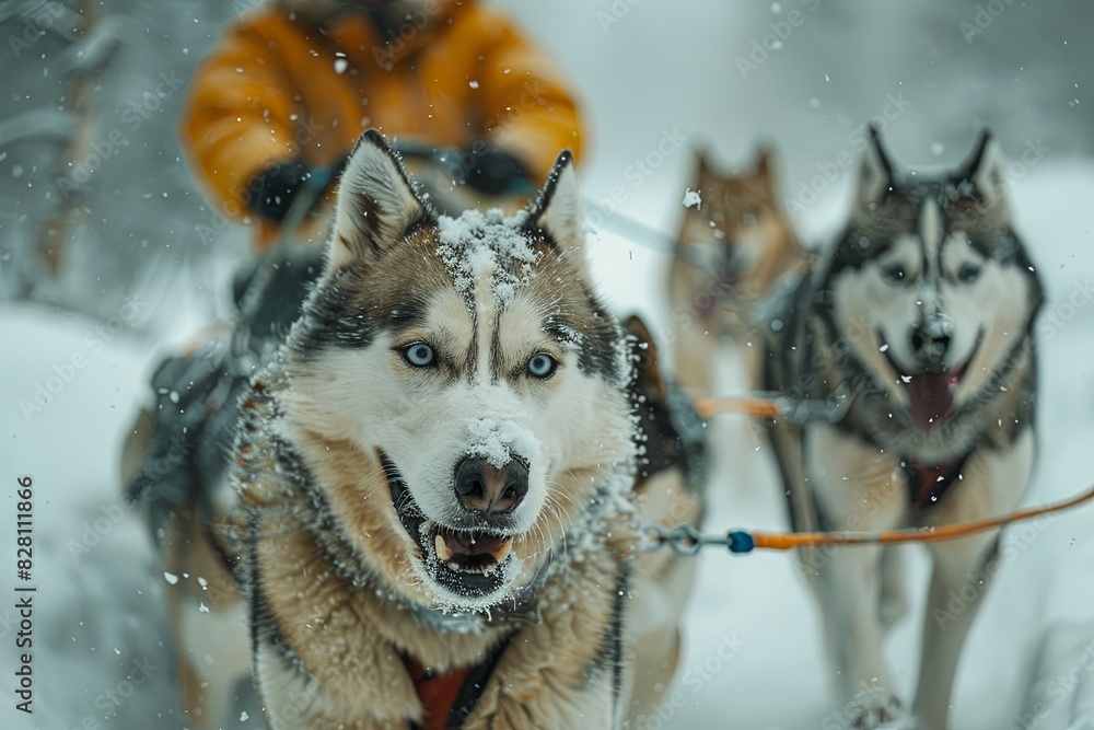 A man is being pulled on a sled by two husky dogs in a snowy landscape A man is being pulled on a sled by two husky dogs in a snowy landscape