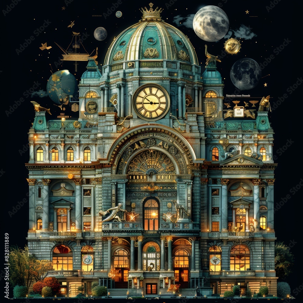 Ornate architectural design of a grand building with celestial elements, including planets and stars, creating a fantastical night scene. Ornate architectural design of a grand building with celestial elements, including planets and stars, creating a fantastical night scene.