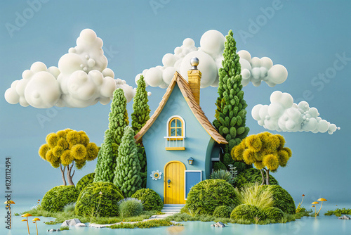 3D Fantasy Blue House with Yellow Door Amid Lush Greenery and Cotton-like Clouds photo