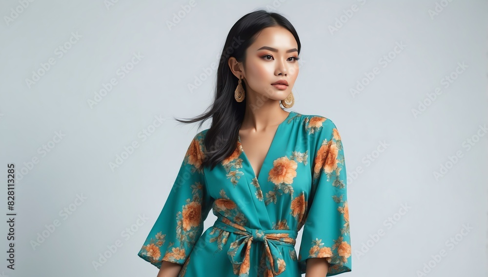 beautiful young indonesian woman on summer outfit fashion style on plain bright studio background beautiful young indonesian woman on summer outfit fashion style on plain bright studio background