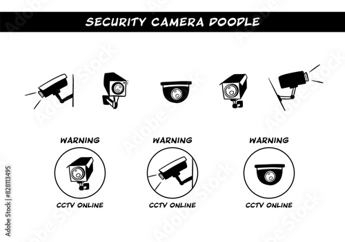 doodle set cctv surveillance security camera vector hand drawn illustration icon