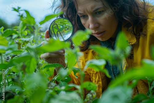 Wallpaper Mural Female biologist closely examines a Colorado Potato Beetle in a field using a magnifying glass to observe details Torontodigital.ca