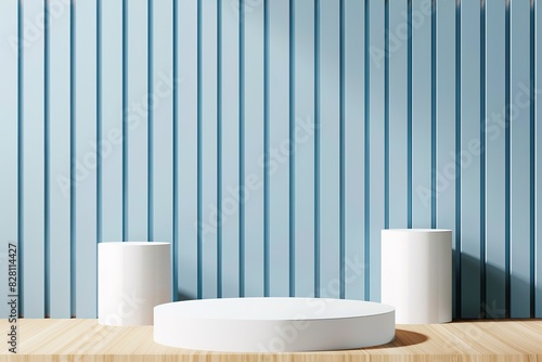 Wallpaper Mural Realistic blue white 3D 3 cylinder pedestal podium with vertical wood pattern background Torontodigital.ca