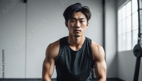 Wallpaper Mural young attractive japanese guy fitness trained lifestyle portrait on plain studio background Torontodigital.ca