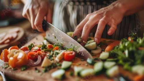 A close up of a female s hands chopping and peeling vegetables with a knife to prepare a salad photo