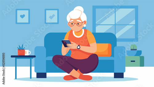 A woman in her 80s sitting in her living room wearing a fitness tracker on her wrist and checking her daily step count on a smartphone.. Vector illustration
