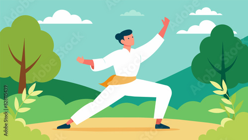 Inhaling deeply a mans arms slowly rise and fall in unison with the gentle swaying of nearby trees as he performs Tai Chi in the park.. Vector illustration