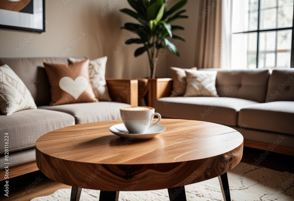 a cozy modern living room setting with a focus on a wooden coffee table. The table should hold a ceramic cup of cappuccino with heart-shaped latte art. The overall ambiance should be warm and inviting a cozy modern living room setting with a focus on a wooden coffee table. The table should hold a ceramic cup of cappuccino with heart-shaped latte art. The overall ambiance should be warm and inviting