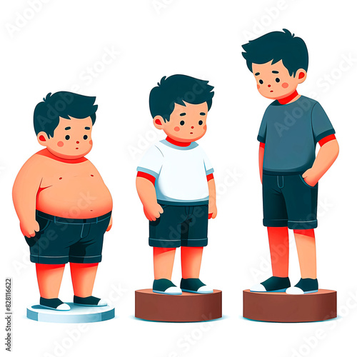 Vector illustration showing a school child's weight loss transition with improvement based on body mass index (BMI) on a white background. photo