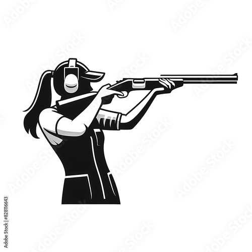 Black and white Vector illustration of female athlete shooting skeet at a sports competition on a white background, minimalist style.