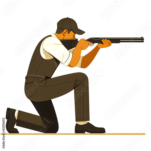 Vector illustration of a male athlete shooting skeet in a kneeling shooting position at a sports competition on a white background.