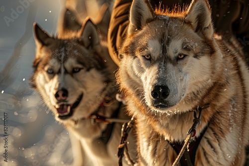 Two husky sled dogs are pulling a sled through the snowy terrain as their dog driver guides them