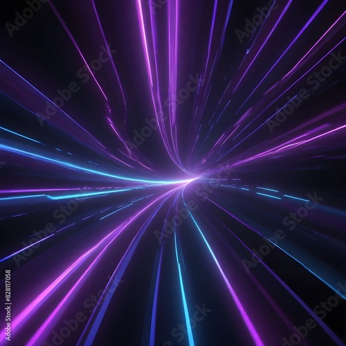3d Render, Blue purple light line through dark background, hyper speed warp in space. 