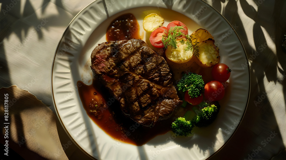 Artistic shot of a steak dinner plated with vegetables and sauce, with light creating reflections and shadows that enhance the presentation. Artistic shot of a steak dinner plated with vegetables and sauce, with light creating reflections and shadows that enhance the presentation.