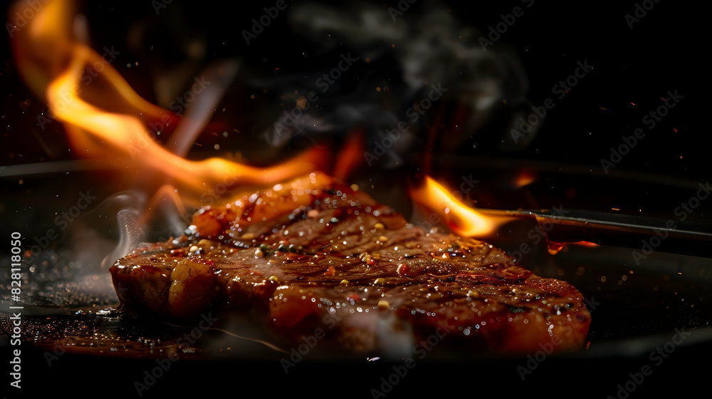High-contrast image of a steak being flamed with a blowtorch, with light and shadow highlighting the caramelization and texture. High-contrast image of a steak being flamed with a blowtorch, with light and shadow highlighting the caramelization and texture.
