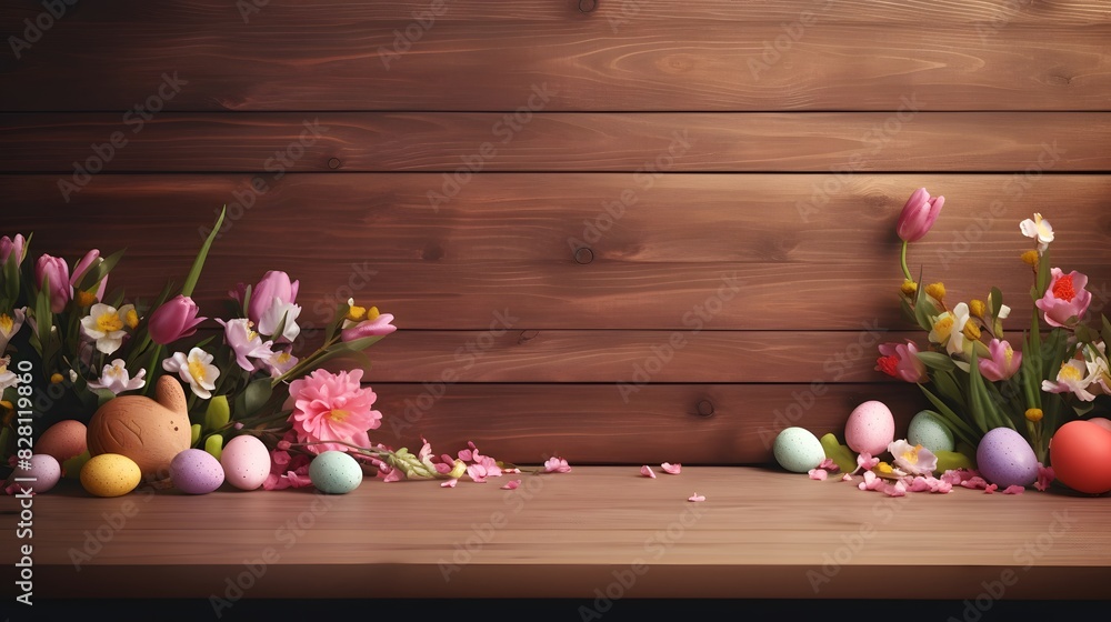 Naklejka premium Wooden table with Easter or spring theme. Eggs and colorful flowers with copy space. Generative AI