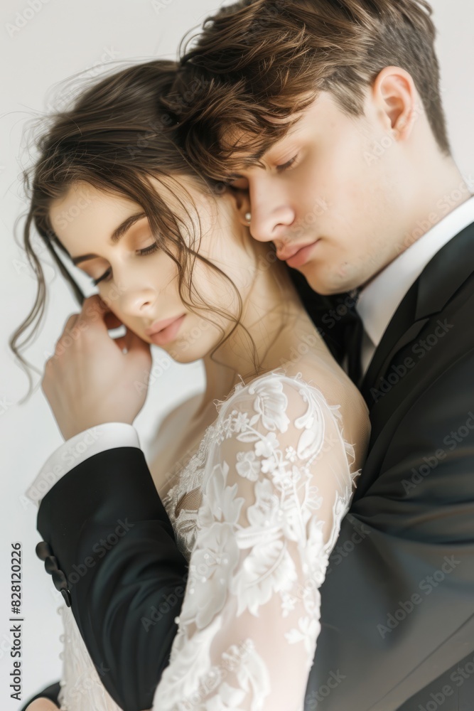 A beautiful couple's wedding dress, the woman standing and hugging the man from behind the woman's head resting on the man's shoulder, the woman's hand covering her face, portrait shot, head in focus, A beautiful couple's wedding dress, the woman standing and hugging the man from behind the woman's head resting on the man's shoulder, the woman's hand covering her face, portrait shot, head in focus,