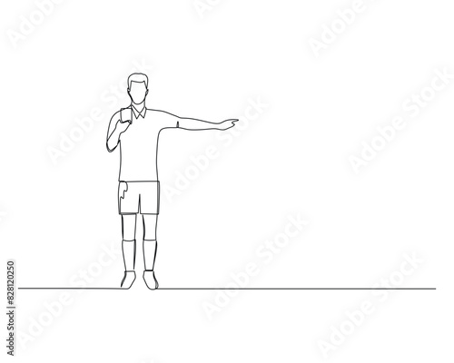 Continuous single line drawing of The referee gives a yellow card. footbal tournament event design illustration