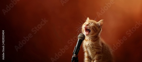   A cute kitten with eyes closed sings enthusiastically into the microphone  against a solid brown background  ample copy space.