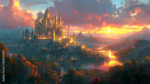 illustration of a mythical kingdom ruled by powerful sorcerers with magical citadels ancient libraries and enchanted forests protected by spells wards and mystical guardians