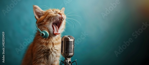 A cute kitten with headphones and closed eyes sings enthusiastically into the microphone, with ample copy space.