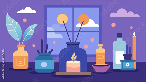 An aromatherapy room with diffusers and essential oils providing a refreshing and calming scent to help reduce stress and increase focus.. Vector illustration
