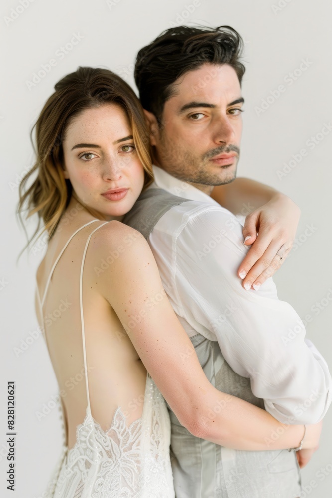 A beautiful couple's wedding dress, the woman standing and hugging the man from behind the woman's head resting on the man's shoulder, the woman's hand covering her face, portrait shot, head in focus, A beautiful couple's wedding dress, the woman standing and hugging the man from behind the woman's head resting on the man's shoulder, the woman's hand covering her face, portrait shot, head in focus,