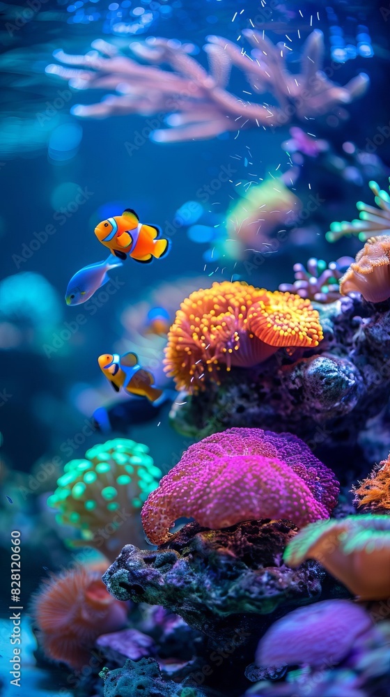 Obraz premium Vibrant aquarium with a colorful coral reef, tropical fish swimming gracefully, and crystalclear water illuminated by soft lighting