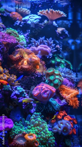 Vibrant aquarium with a colorful coral reef, tropical fish swimming gracefully, and crystalclear water illuminated by soft lighting © Nawarit