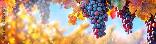 Vibrant autumn vineyard with colorful foliage, ripe grapes ready for harvest, and a clear blue sky overhead