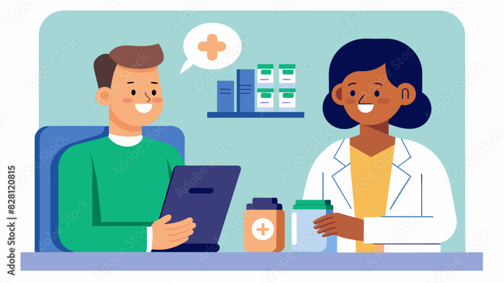 A customer nodding in understanding as the pharmacist explains the benefits of taking a vitamin D supplement for bone health and immune support.. Vector illustration A customer nodding in understanding as the pharmacist explains the benefits of taking a vitamin D supplement for bone health and immune support.. Vector illustration