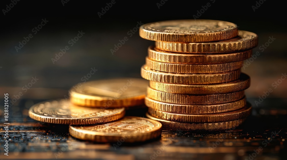 Single stack of shiny gold coins, spotlighted, front view, black background Single stack of shiny gold coins, spotlighted, front view, black background