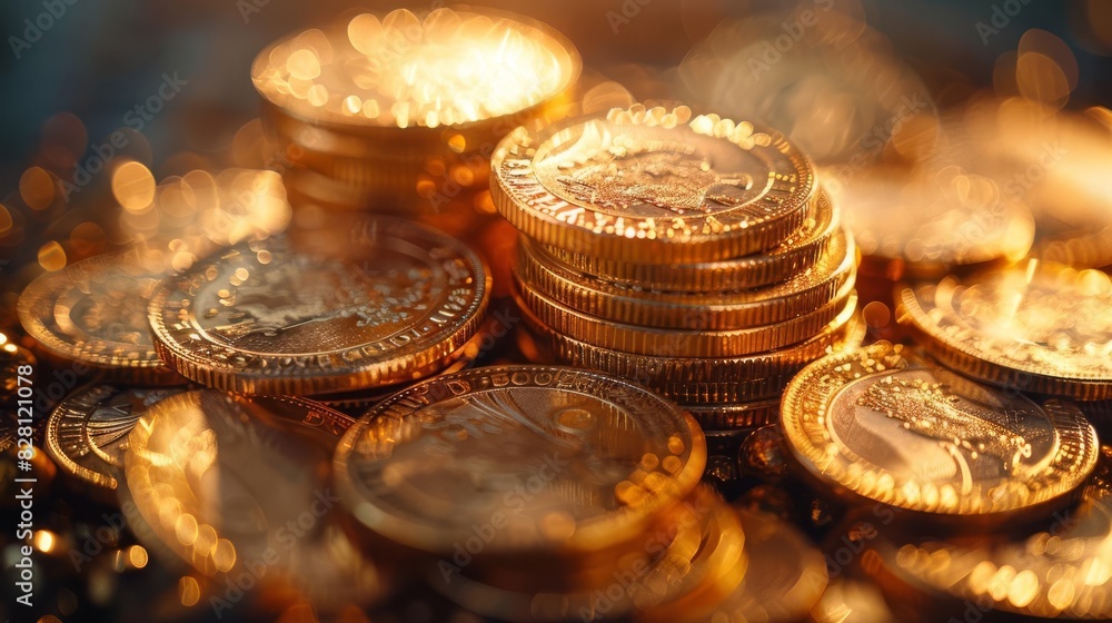Pile of shiny gold coins, scattered stack, harsh lighting, overhead shot, plain white surface Pile of shiny gold coins, scattered stack, harsh lighting, overhead shot, plain white surface