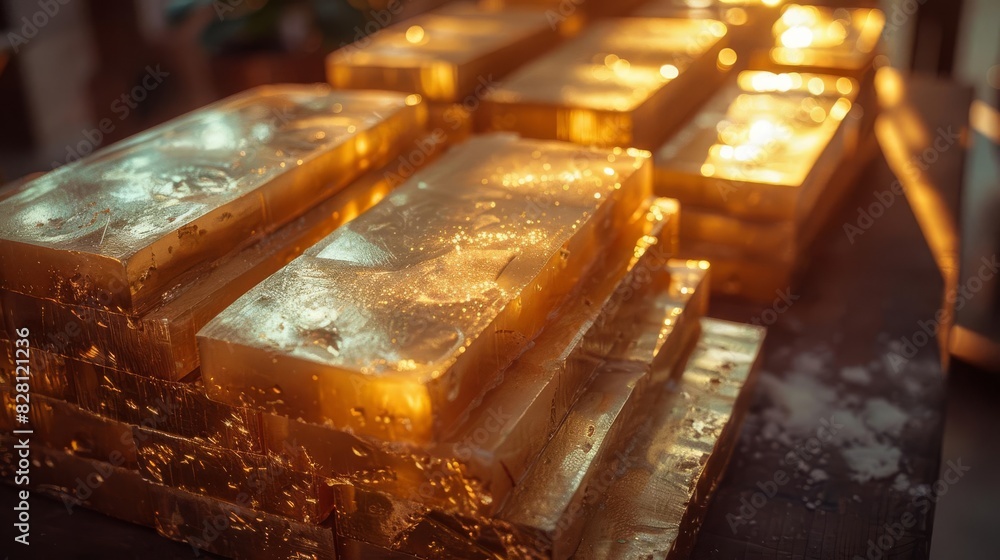Stacked shiny gold bars, soft shadows, front angle, minimalist backdrop Stacked shiny gold bars, soft shadows, front angle, minimalist backdrop