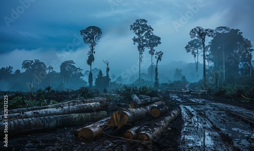 Blue hour foggy forest scene with stacked rainforest tree logs photo