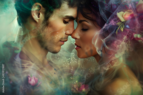 A colorful and serene depiction of a romantic couple in a loving embrace, representing tantra and spiritual connection. Suitable for use in art, meditation, and relationship-related contexts. photo