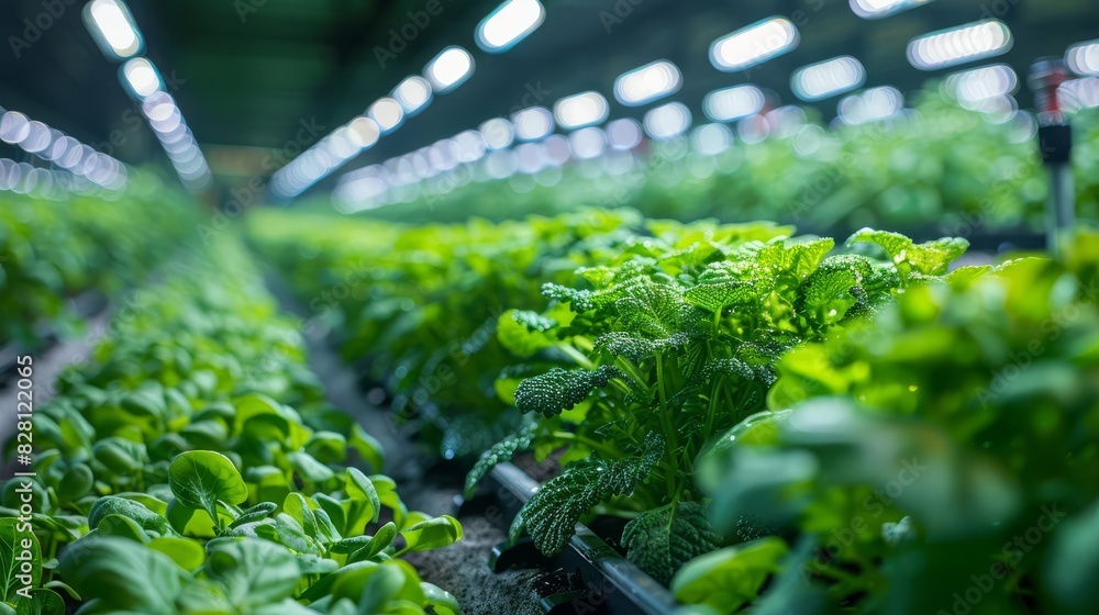 Rows of leafy greens growing under artificial lights in a modern indoor farm. Rows of leafy greens growing under artificial lights in a modern indoor farm.